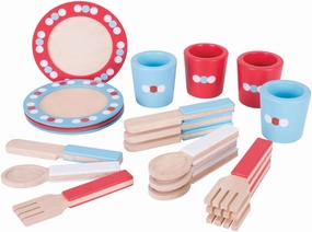 Bigjigs Toys Role Play Dinner Service Tea Set - Kids Tea Set with Toddler Cutlery , Toy Kitchen Accessories for Wooden Play Kitchen , Toy Plates and Cutlery Set