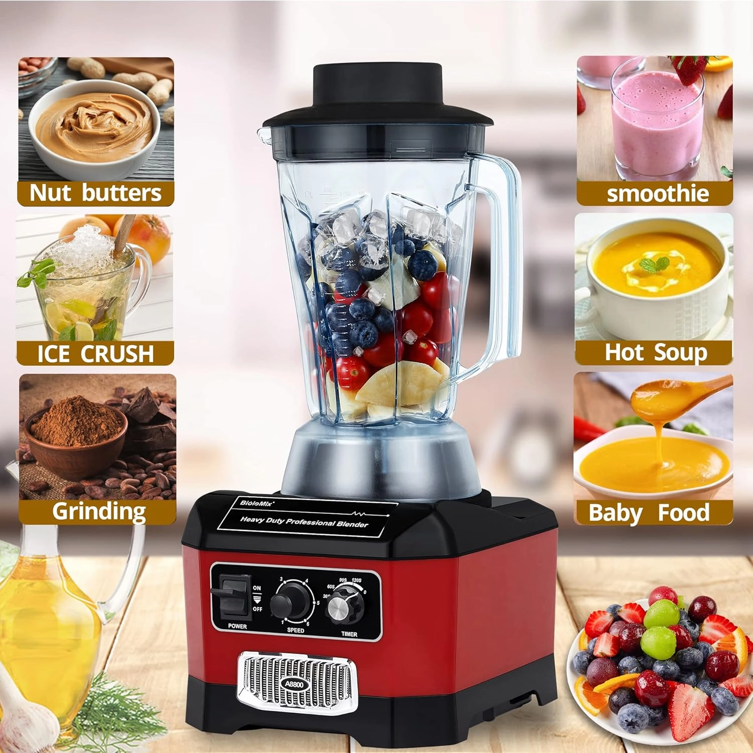 BioloMix Heavy Duty Commercial Blender, 2200W 60Oz Professional Kitchen Blender for Smoothies, Shakes, Ice and Frozen Fruit, Optional Dry Grains Container
