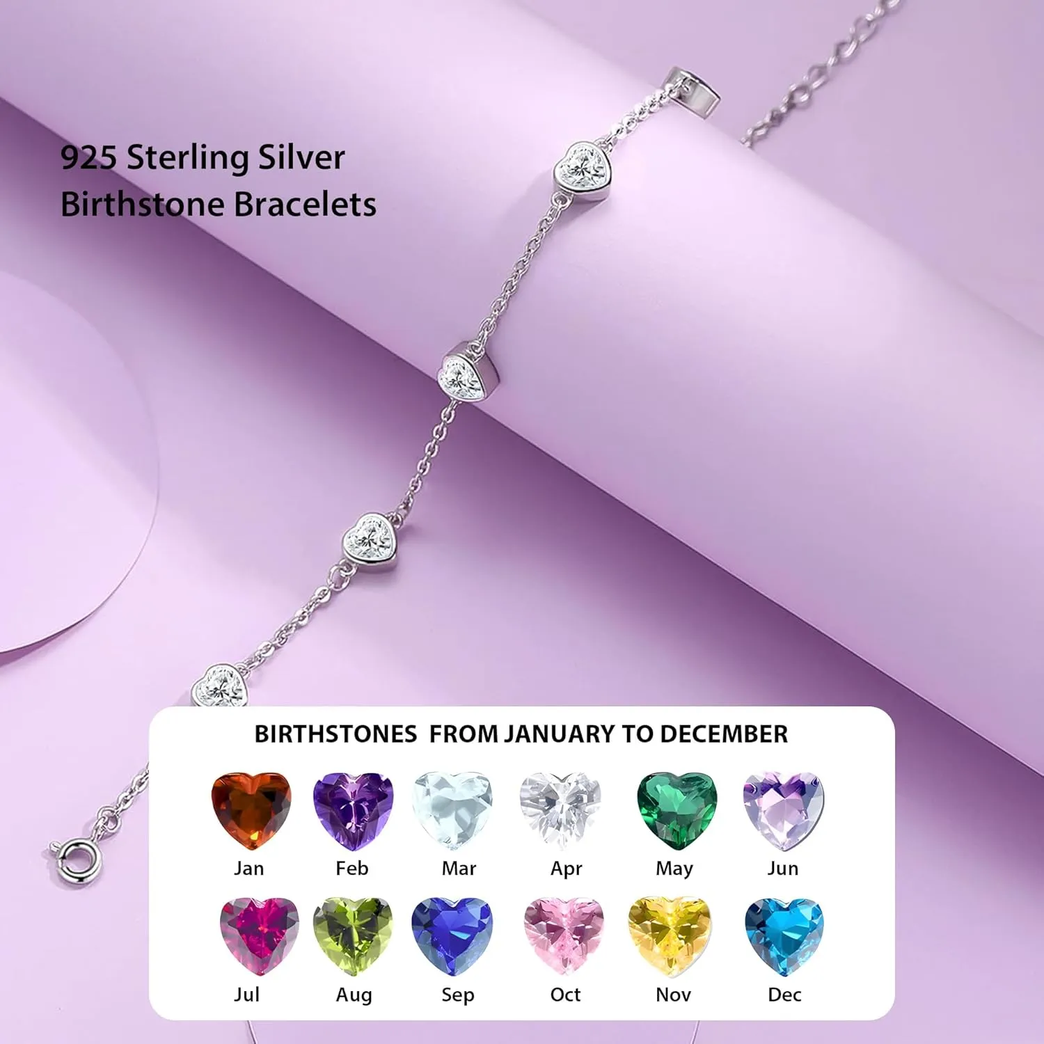 Birthstone Bracelets for women 925 Sterling Silver Diamond Heart Bracelet Link Birthstone Jewelry Gift for Women