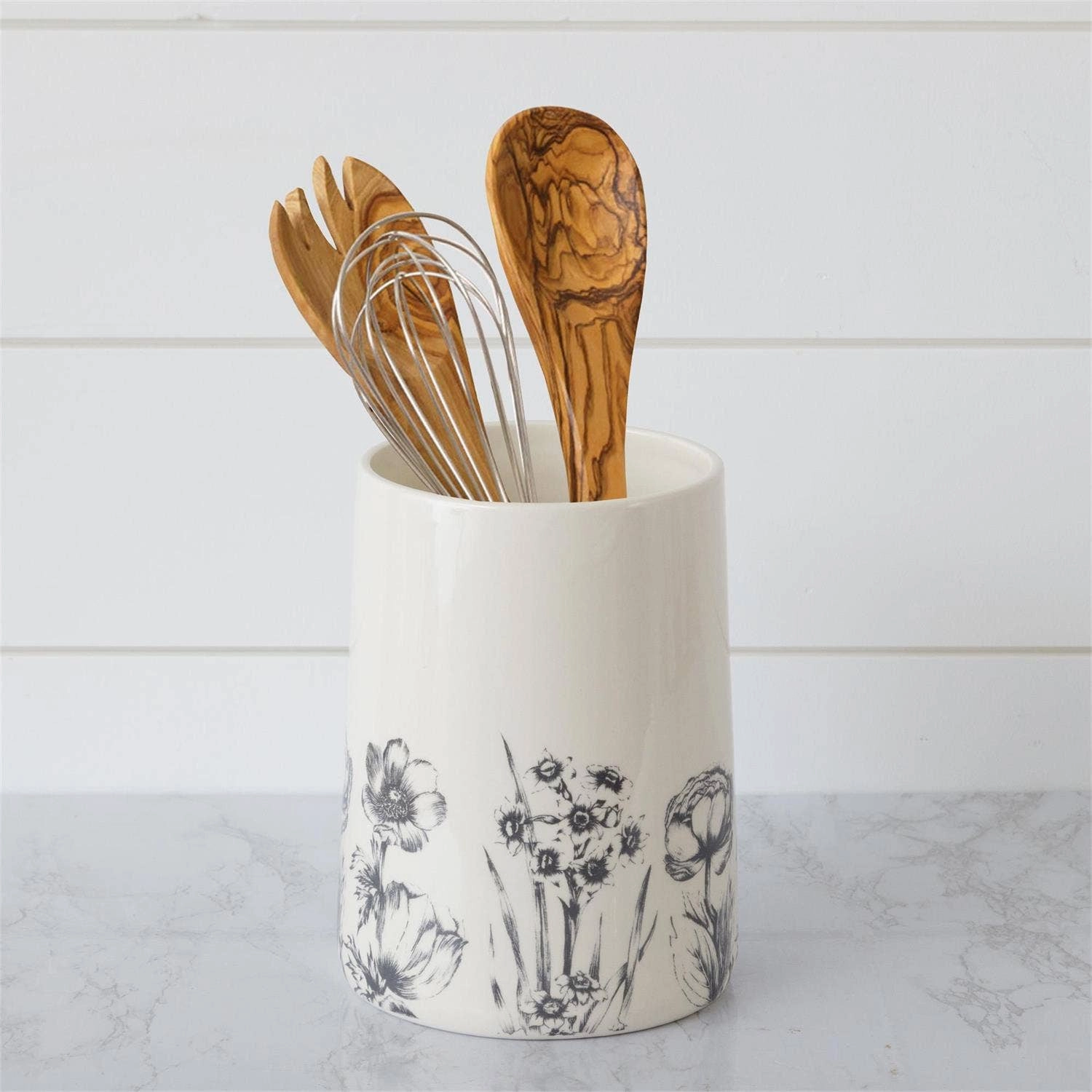 Black and White Botanical Collection Utensil Crock