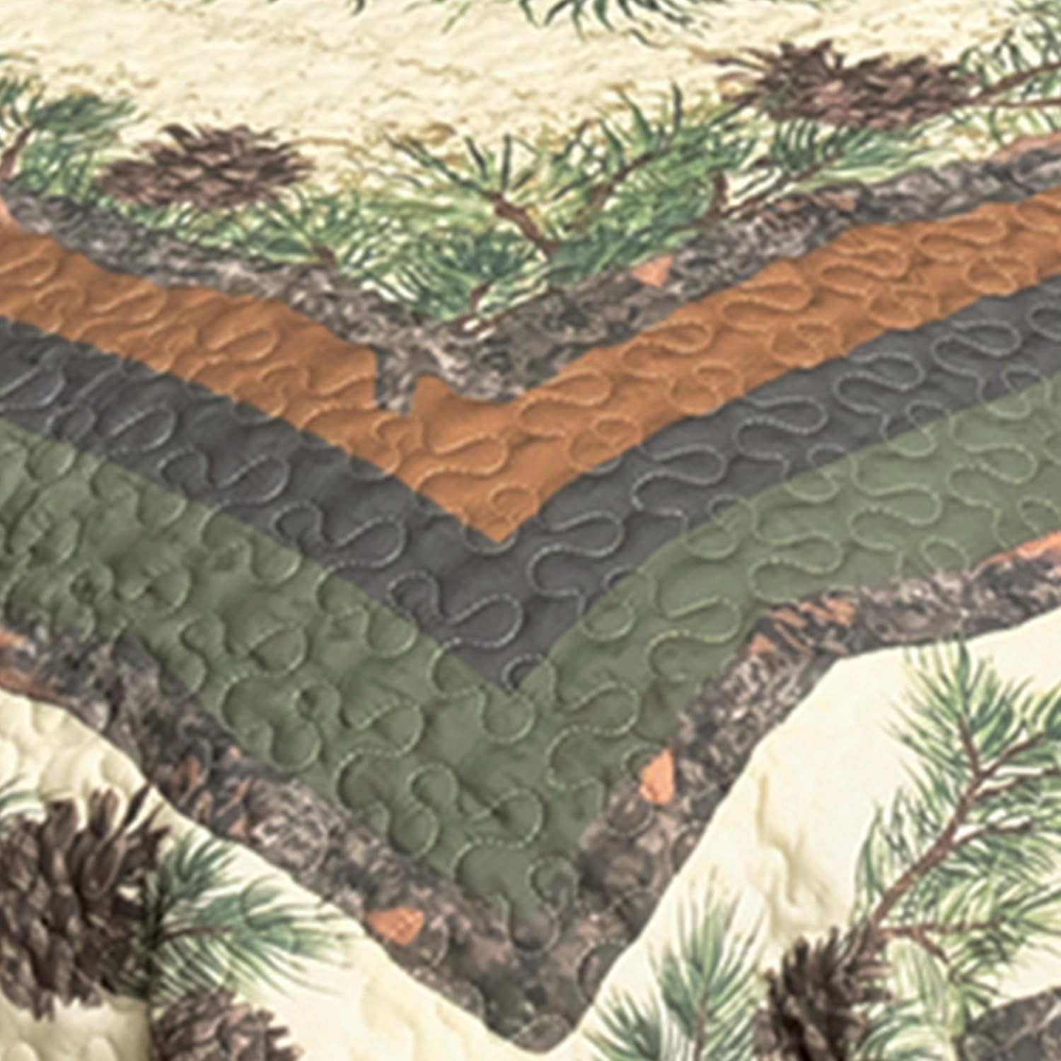 Black Forest Décor Woodland Pinecones Quilt Bed Set - King, Rustic Lodge Pinecone Quilt Bedding - 110" x 96"