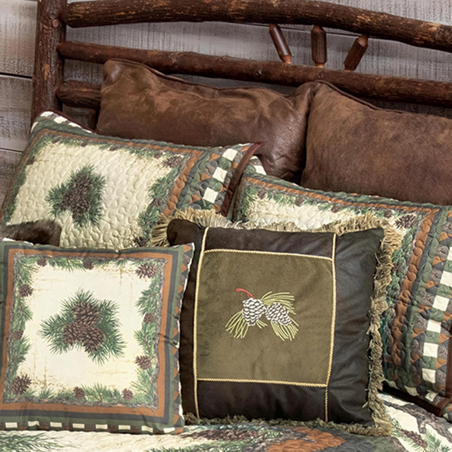 Black Forest Décor Woodland Pinecones Quilt Bed Set - King, Rustic Lodge Pinecone Quilt Bedding - 110" x 96"