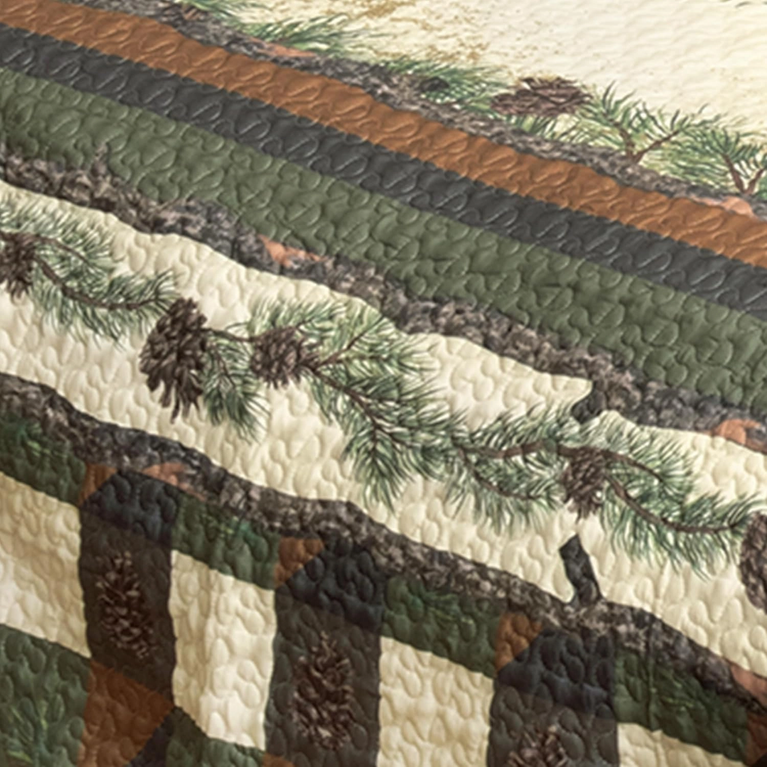 Black Forest Décor Woodland Pinecones Quilt Bed Set - King, Rustic Lodge Pinecone Quilt Bedding - 110" x 96"