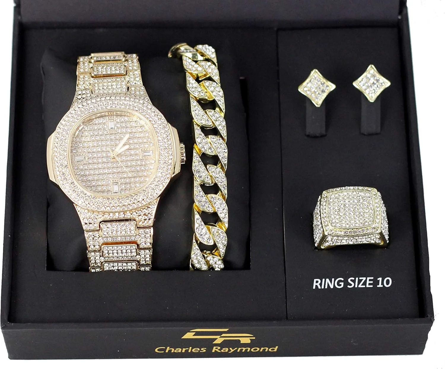 Bling-ed Out It's Lit! Hip Hop Watch & Jewerly Set w/Cuban Chain Bracelet, Kite Bling Earrings & Ring - GJM13
