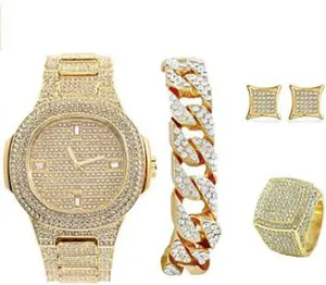 Bling-ed Out It's Lit! Hip Hop Watch & Jewerly Set w/Cuban Chain Bracelet, Kite Bling Earrings & Ring - GJM13