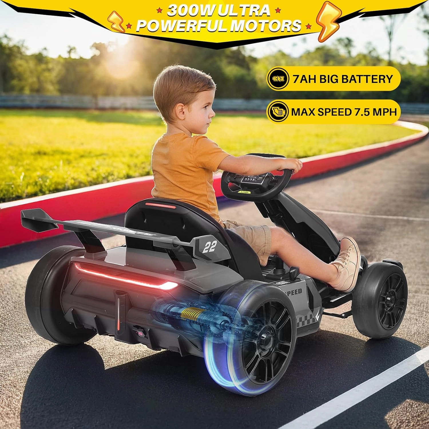 Blitzshark 24V Kids Go Kart 300W Drift Kart Powerful Electric Pedal Kart Outdoor Race Toy, with 2X150W Strong Motor, 7AH Big Battery, EVA Tires, Drift/Sports Mode, Brake Pedal, Length Adjustment, Gray