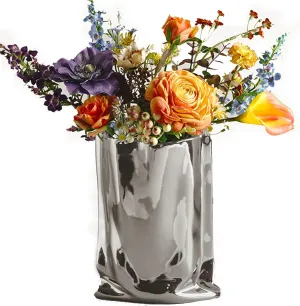 BLOFLO Silver Ceramic Modern Vase Crinkle Fold Paper Bag Handmade Ceramic Vase, Creative Flower Arrangement Ornaments, Decorative Vases for Home Decor, Mantel, Living Room Decoration (Silver)