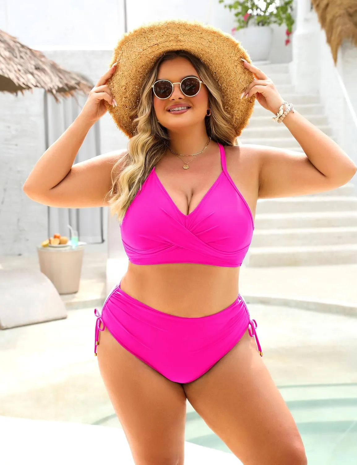 Blooming Jelly Womens High Waisted Bikini Sets Drawstring Tummy Control Swimsuits Crisscross Tie Back Bathing Suit