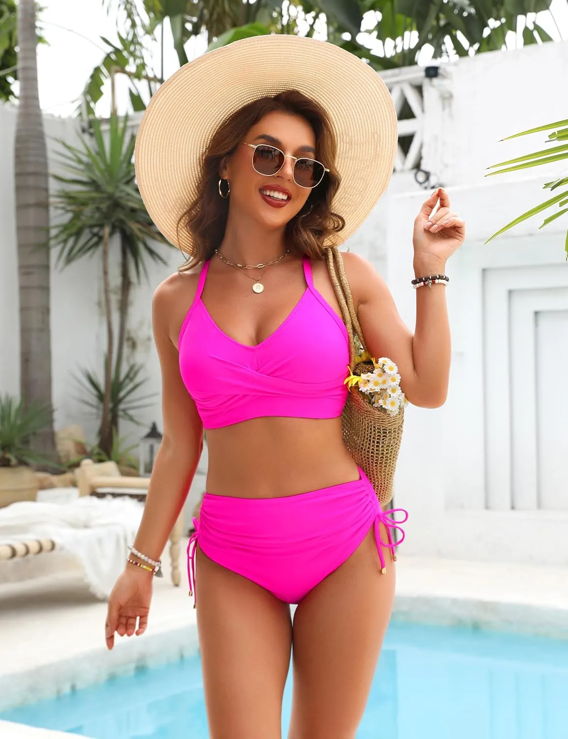 Blooming Jelly Womens High Waisted Bikini Sets Drawstring Tummy Control Swimsuits Crisscross Tie Back Bathing Suit