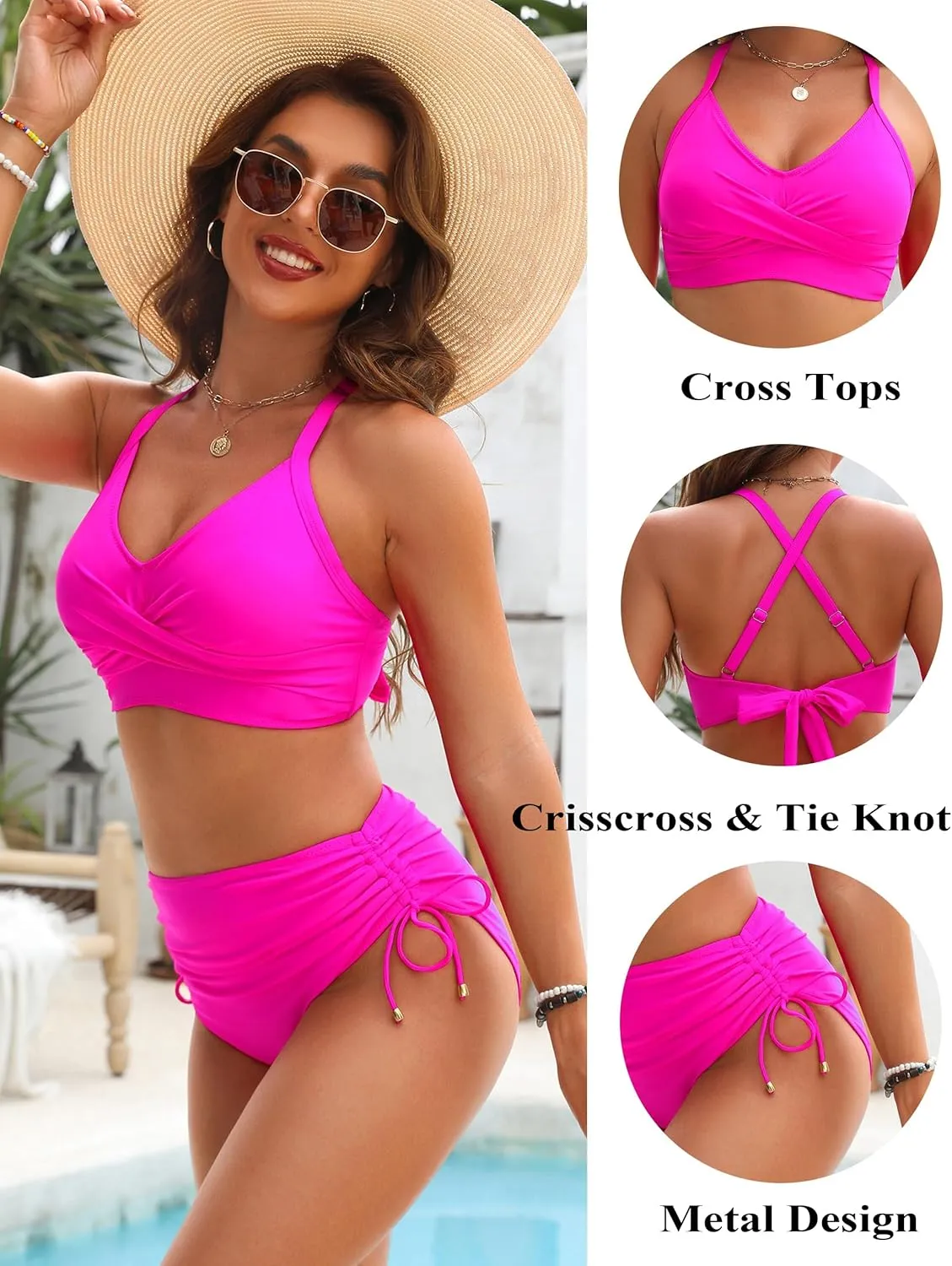 Blooming Jelly Womens High Waisted Bikini Sets Drawstring Tummy Control Swimsuits Crisscross Tie Back Bathing Suit
