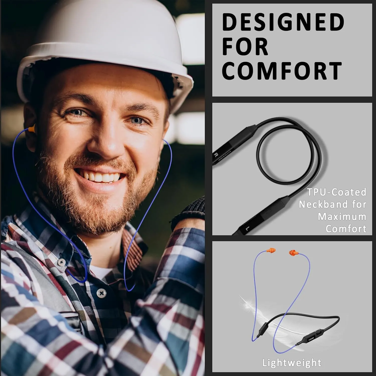 Bluetooth Earplug Headphones for Work, Neckband Wireless Ear Plugs Earbuds, 29 dB Noise Reduction Ear Protection with Replacement Ear Tips, 30 Hour Battery, OSHA Compliant for Industrial Safety