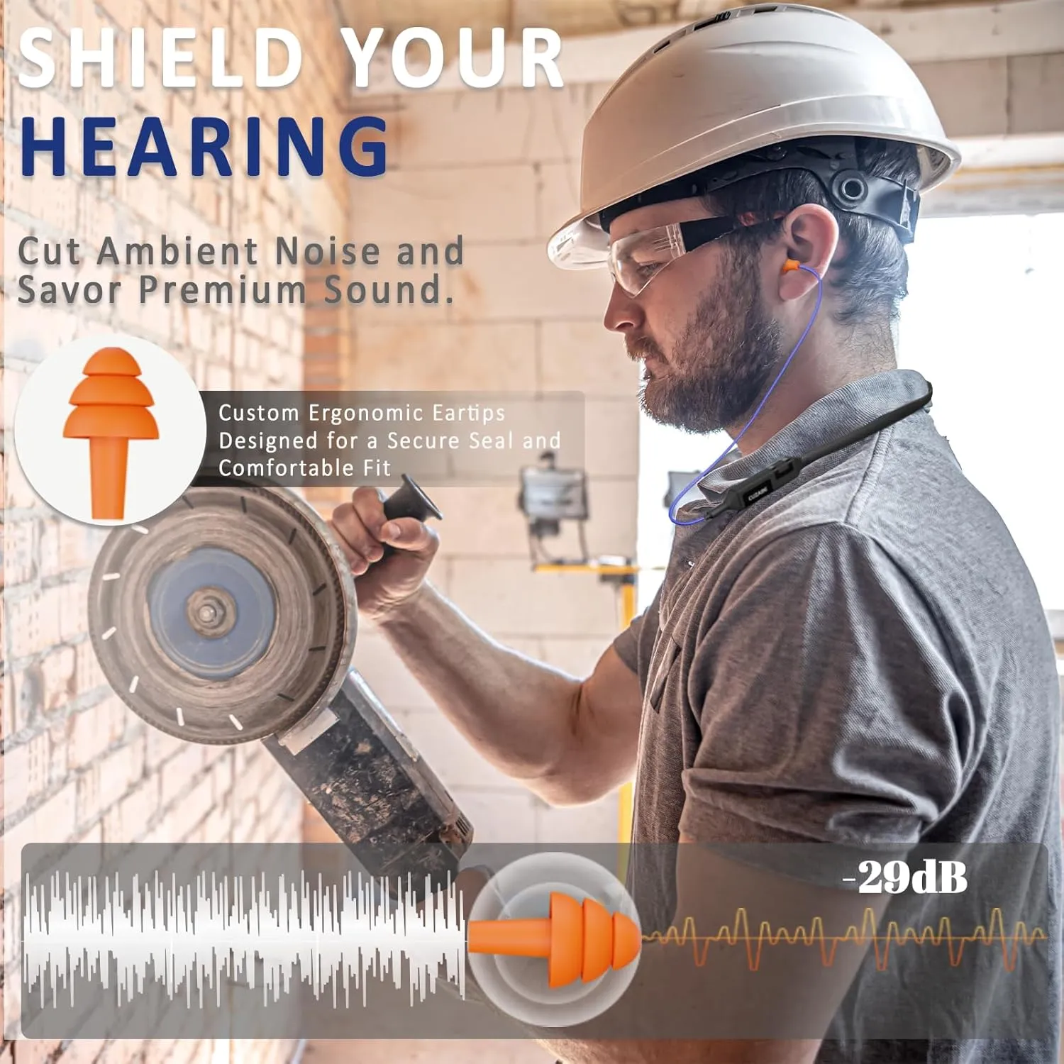 Bluetooth Earplug Headphones for Work, Neckband Wireless Ear Plugs Earbuds, 29 dB Noise Reduction Ear Protection with Replacement Ear Tips, 30 Hour Battery, OSHA Compliant for Industrial Safety
