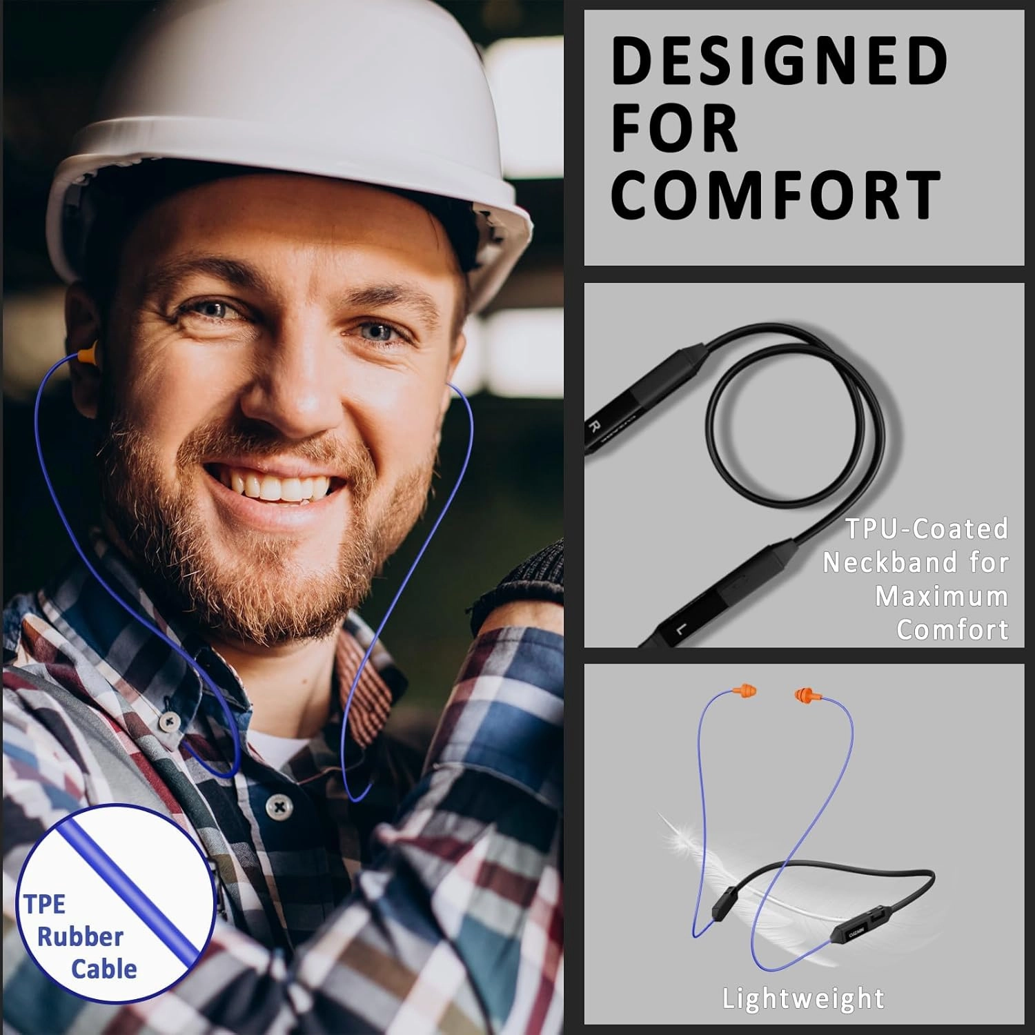 Bluetooth Earplug Headphones, 29dB Noise Reduction Earbuds for Work, Neckband Wireless Earplugs Earphones with 30 Hour Battery, IPX5 Sweatproof, OSHA Compliant for Industrial Safety