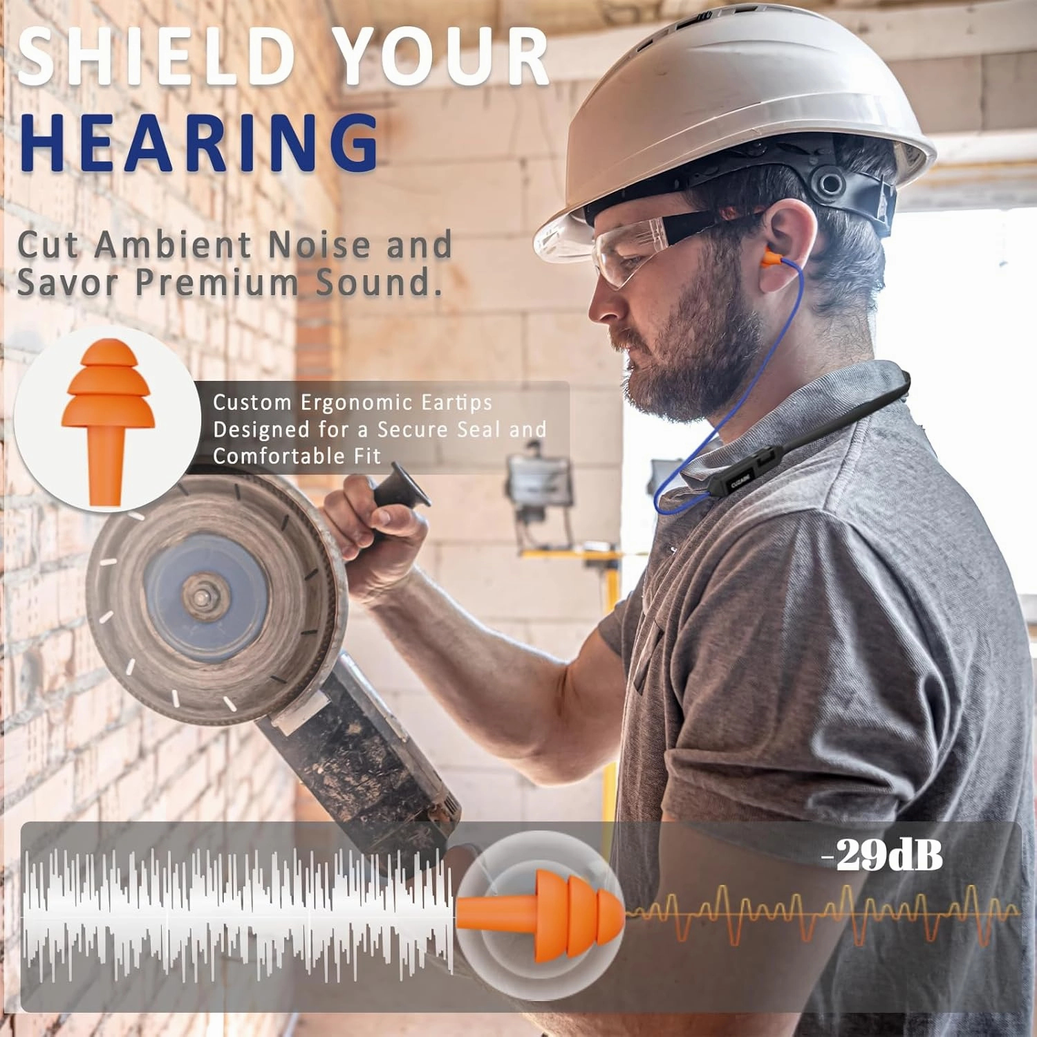 Bluetooth Earplug Headphones, 29dB Noise Reduction Earbuds for Work, Neckband Wireless Earplugs Earphones with 30 Hour Battery, IPX5 Sweatproof, OSHA Compliant for Industrial Safety