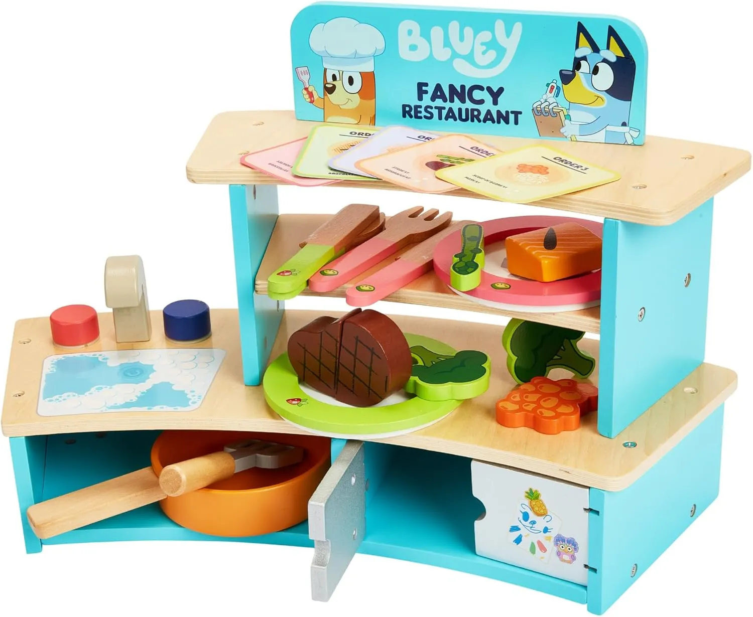 Bluey – Tabletop Restaurant – 32 Piece Wooden Roleplay Toy with Cutlery & Pretend Food Accessories for Kids – FSC-Certified Material – Fun Imaginative Kit for 3 Years and Up