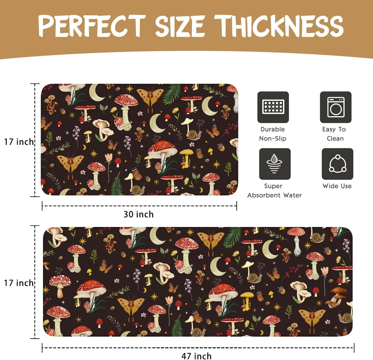 Boho Kitchen Mat Set of 2,Black Mushroom Modern Farmhouse Kitchen Rugs and Mats Non Skid Washable,Bohemia Runner Rugs with Rubber Backing for Kitchen Decor Accessories (17"x47" 17"x30")