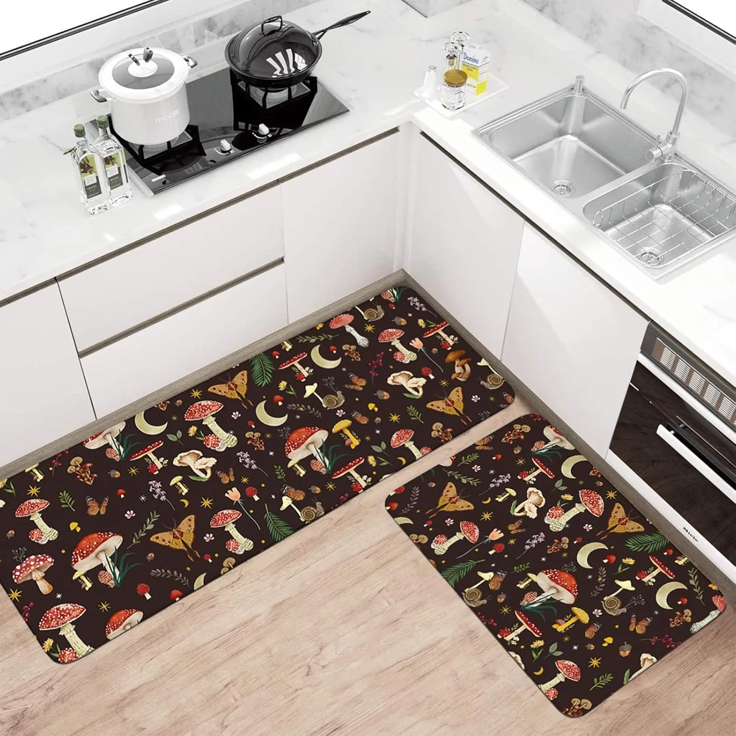 Boho Kitchen Mat Set of 2,Black Mushroom Modern Farmhouse Kitchen Rugs and Mats Non Skid Washable,Bohemia Runner Rugs with Rubber Backing for Kitchen Decor Accessories (17"x47" 17"x30")