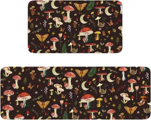Boho Kitchen Mat Set of 2,Black Mushroom Modern Farmhouse Kitchen Rugs and Mats Non Skid Washable,Bohemia Runner Rugs with Rubber Backing for Kitchen Decor Accessories (17"x47" 17"x30")