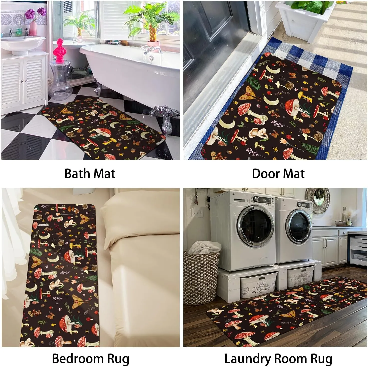 Boho Kitchen Mat Set of 2,Black Mushroom Modern Farmhouse Kitchen Rugs and Mats Non Skid Washable,Bohemia Runner Rugs with Rubber Backing for Kitchen Decor Accessories (17"x47" 17"x30")