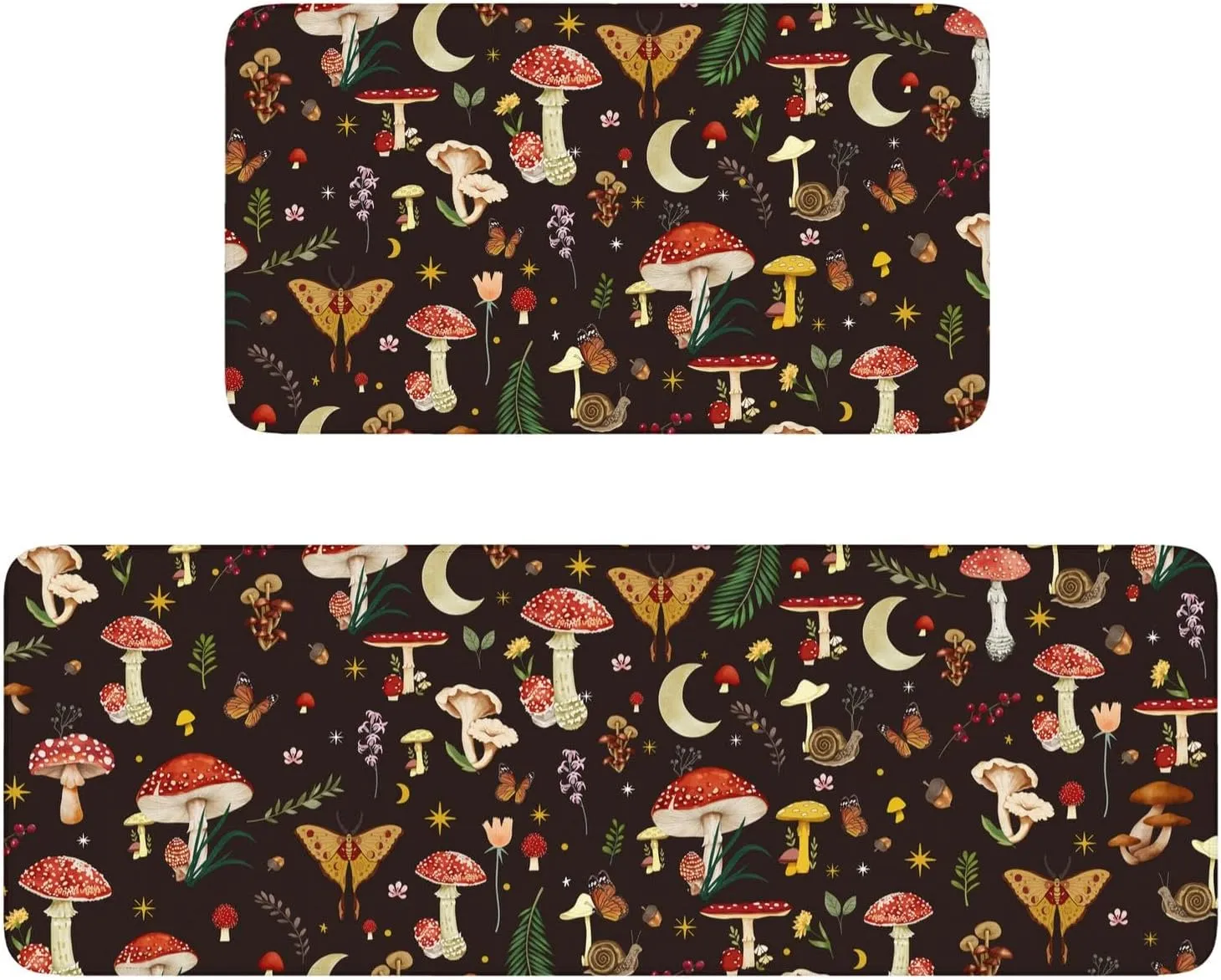 Boho Kitchen Mat Set of 2,Black Mushroom Modern Farmhouse Kitchen Rugs and Mats Non Skid Washable,Bohemia Runner Rugs with Rubber Backing for Kitchen Decor Accessories (17"x47" 17"x30")