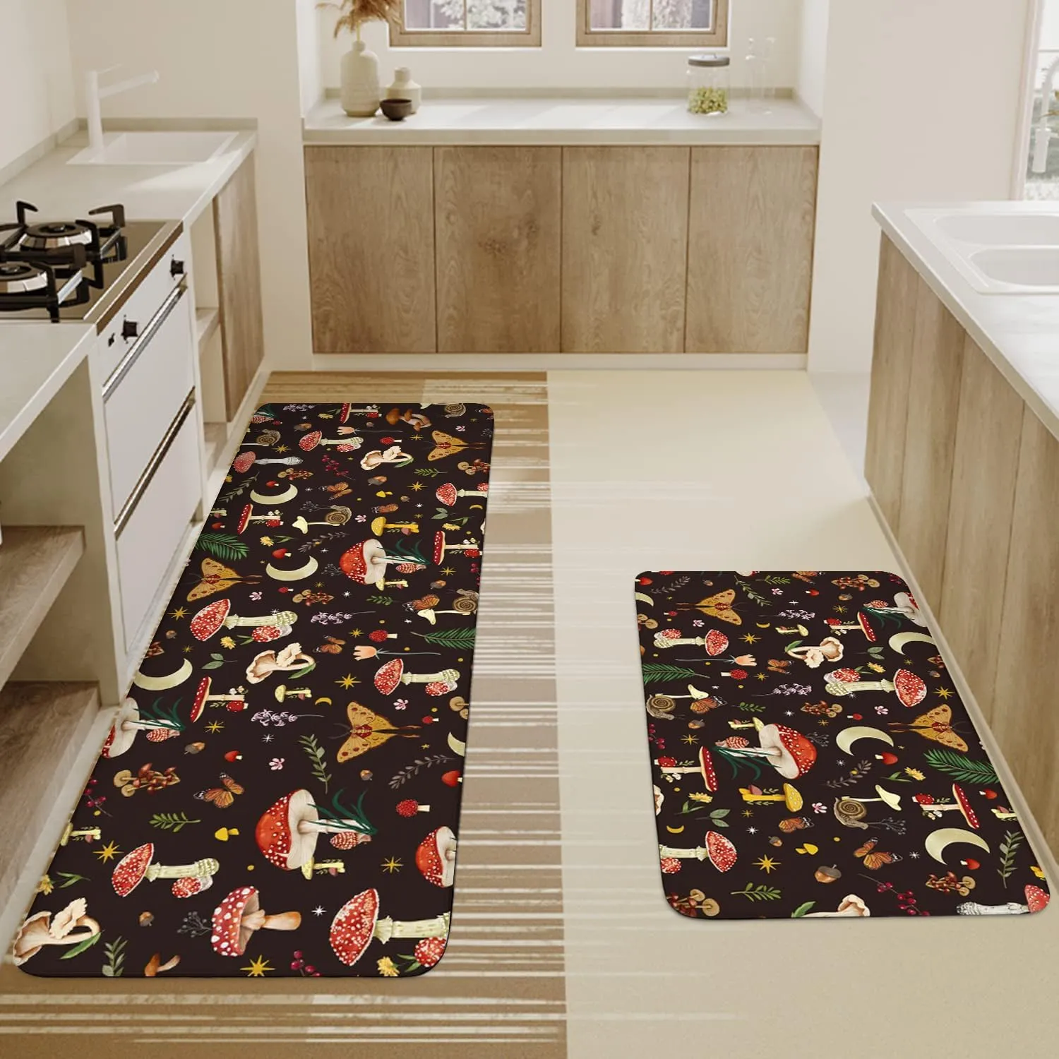 Boho Kitchen Mat Set of 2,Black Mushroom Modern Farmhouse Kitchen Rugs and Mats Non Skid Washable,Bohemia Runner Rugs with Rubber Backing for Kitchen Decor Accessories (17"x47" 17"x30")