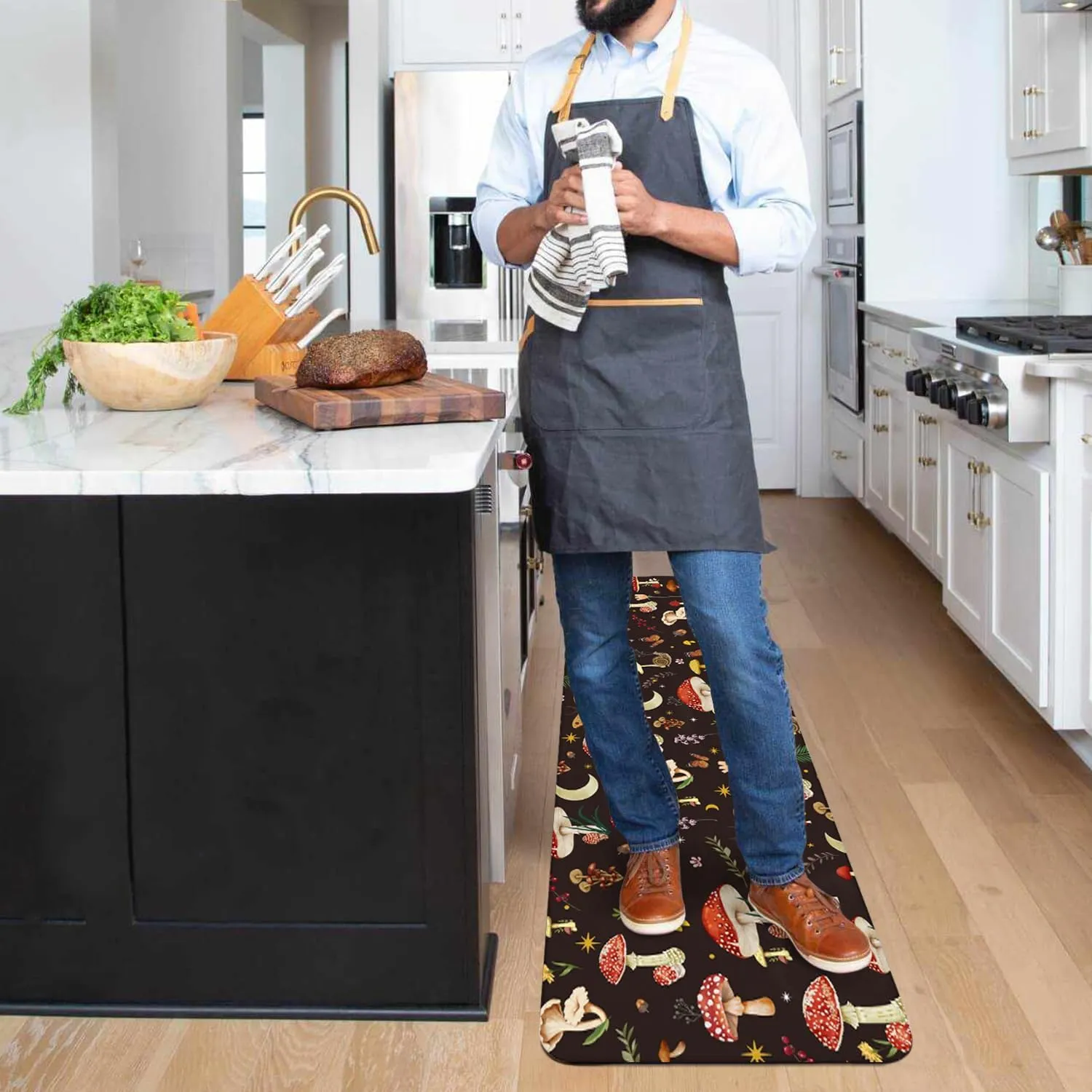 Boho Kitchen Mat Set of 2,Black Mushroom Modern Farmhouse Kitchen Rugs and Mats Non Skid Washable,Bohemia Runner Rugs with Rubber Backing for Kitchen Decor Accessories (17"x47" 17"x30")