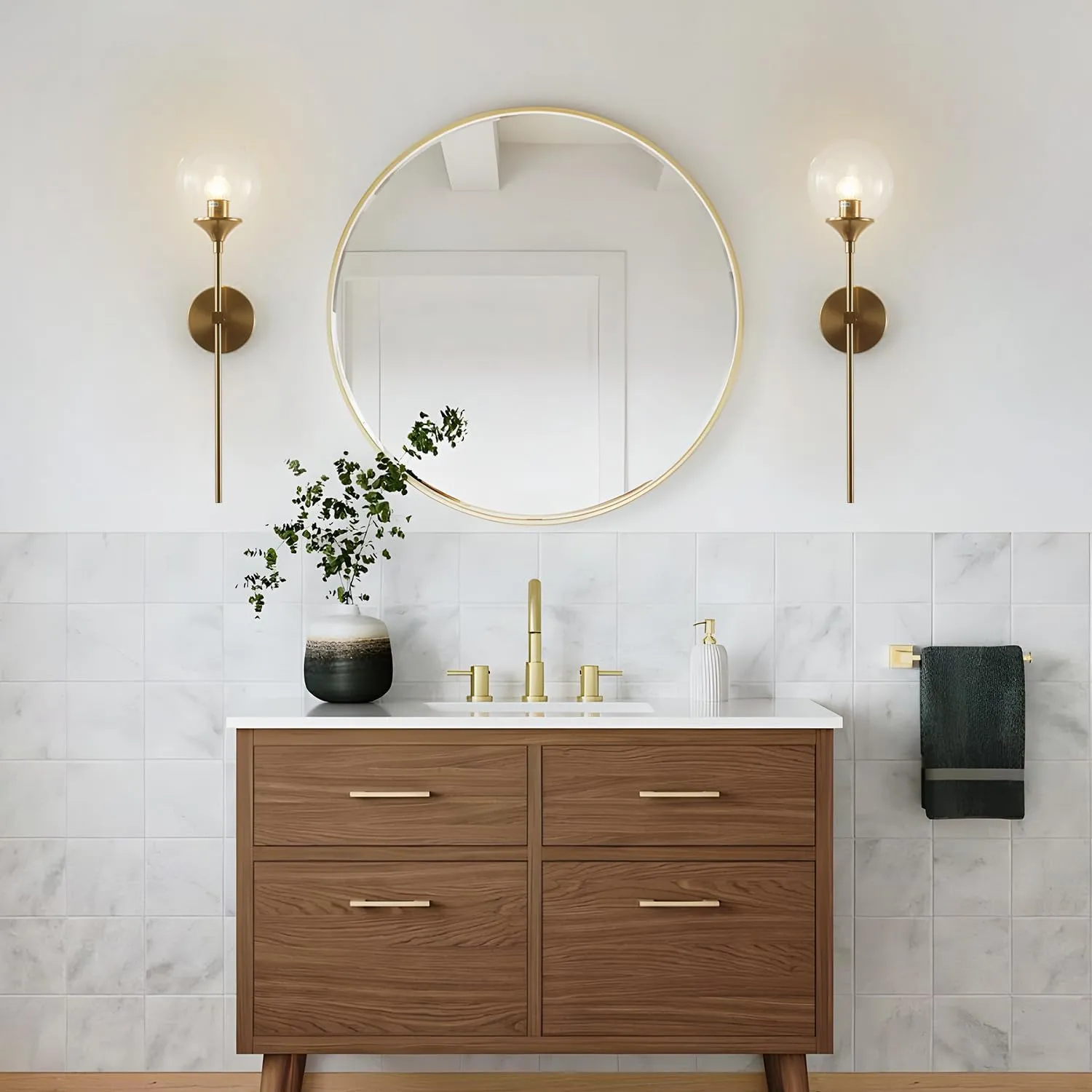 BOKT Glass Globe Wall Sconce Mid Century Modern Glod Wall Light Fixture Bedroom Bedside Bathroom Lighting Brushed Brass Long Pole Nordic Living Room Background Wall Lamp (Clear)