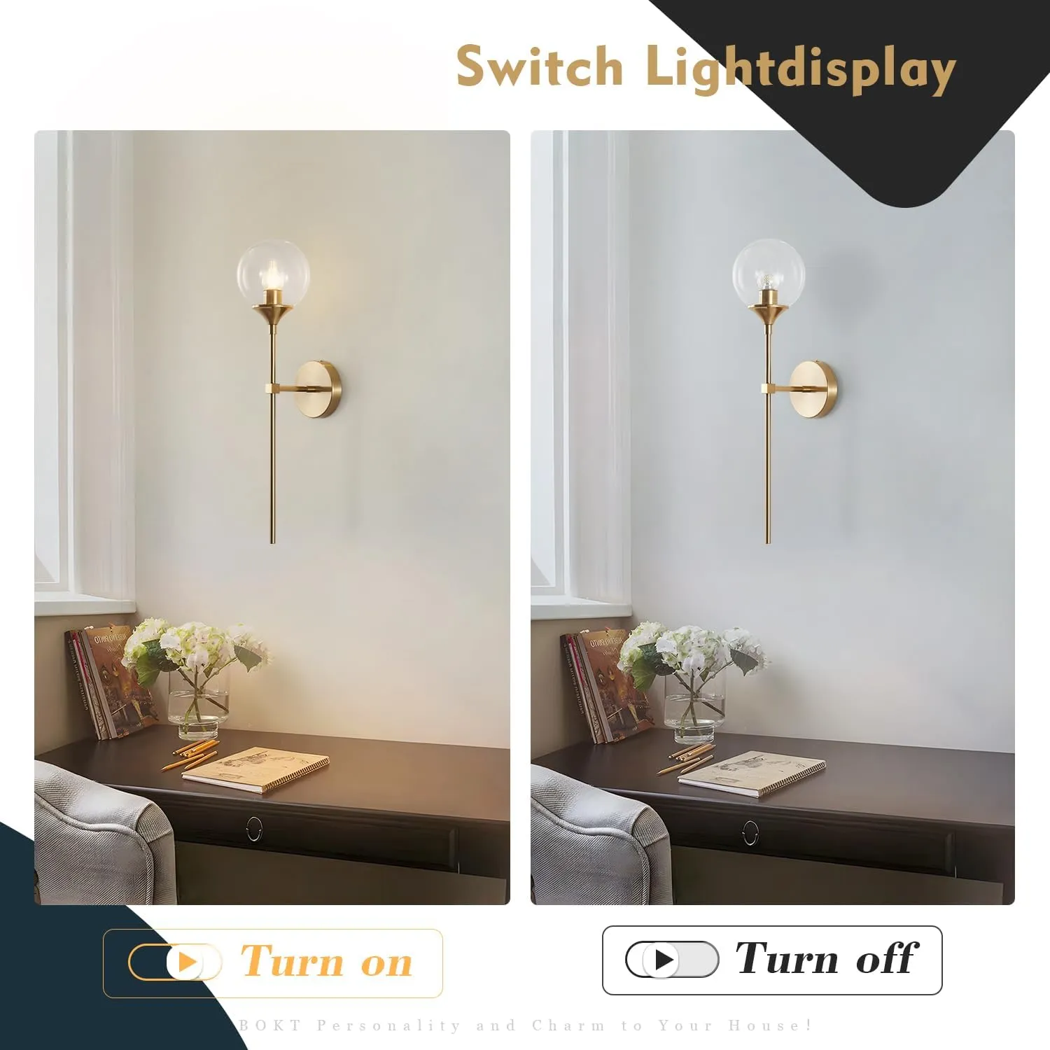BOKT Glass Globe Wall Sconce Mid Century Modern Glod Wall Light Fixture Bedroom Bedside Bathroom Lighting Brushed Brass Long Pole Nordic Living Room Background Wall Lamp (Clear)