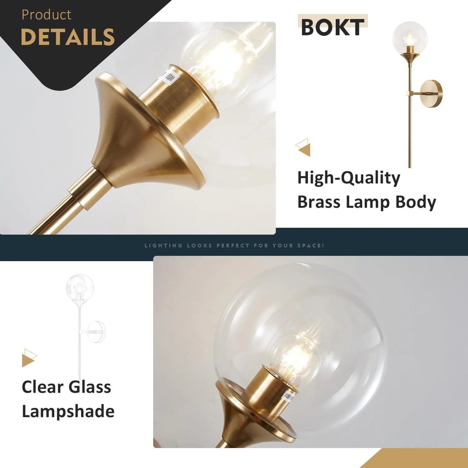 BOKT Glass Globe Wall Sconce Mid Century Modern Glod Wall Light Fixture Bedroom Bedside Bathroom Lighting Brushed Brass Long Pole Nordic Living Room Background Wall Lamp (Clear)