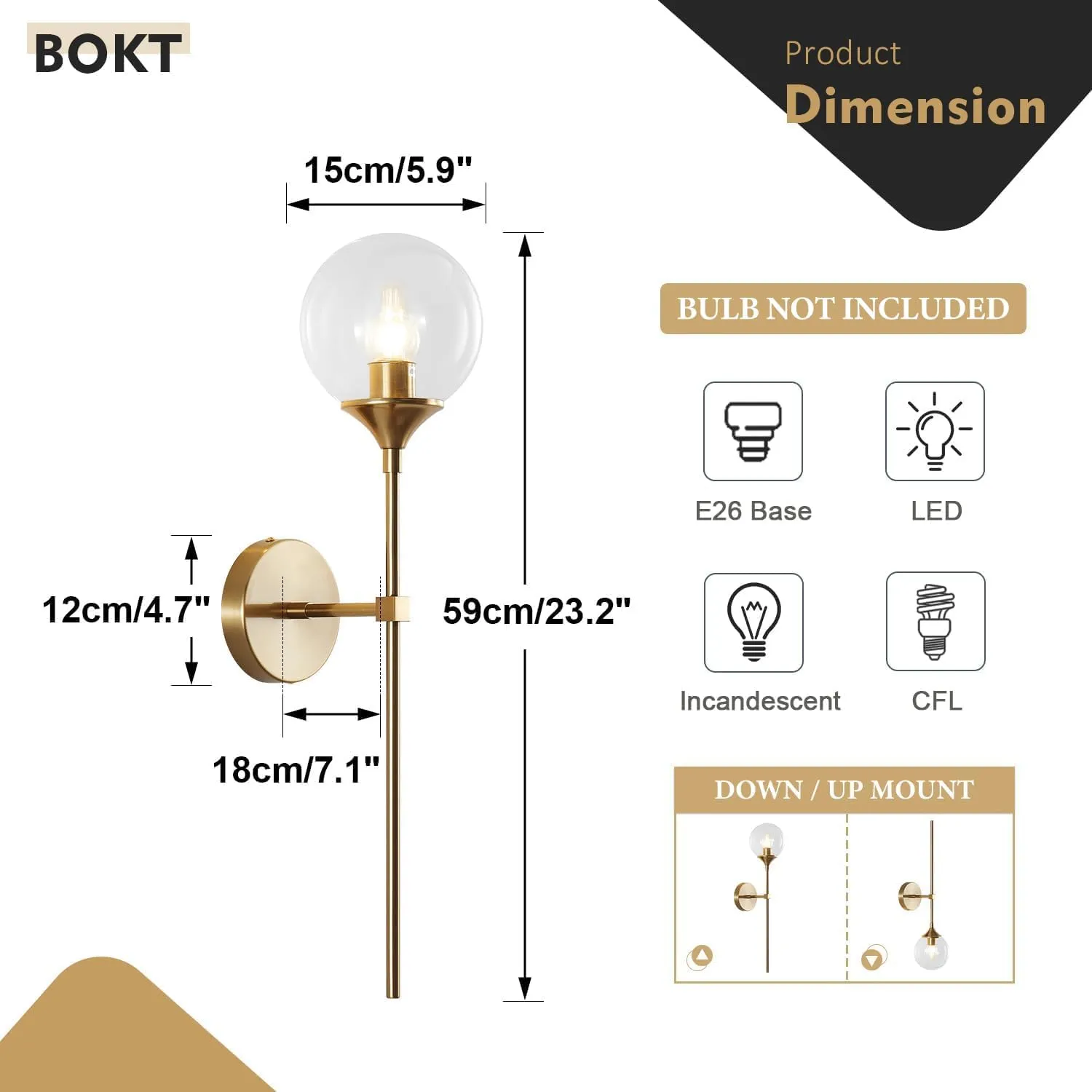 BOKT Glass Globe Wall Sconce Mid Century Modern Glod Wall Light Fixture Bedroom Bedside Bathroom Lighting Brushed Brass Long Pole Nordic Living Room Background Wall Lamp (Clear)