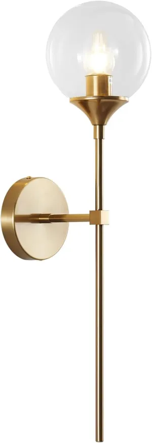 BOKT Glass Globe Wall Sconce Mid Century Modern Glod Wall Light Fixture Bedroom Bedside Bathroom Lighting Brushed Brass Long Pole Nordic Living Room Background Wall Lamp (Clear)