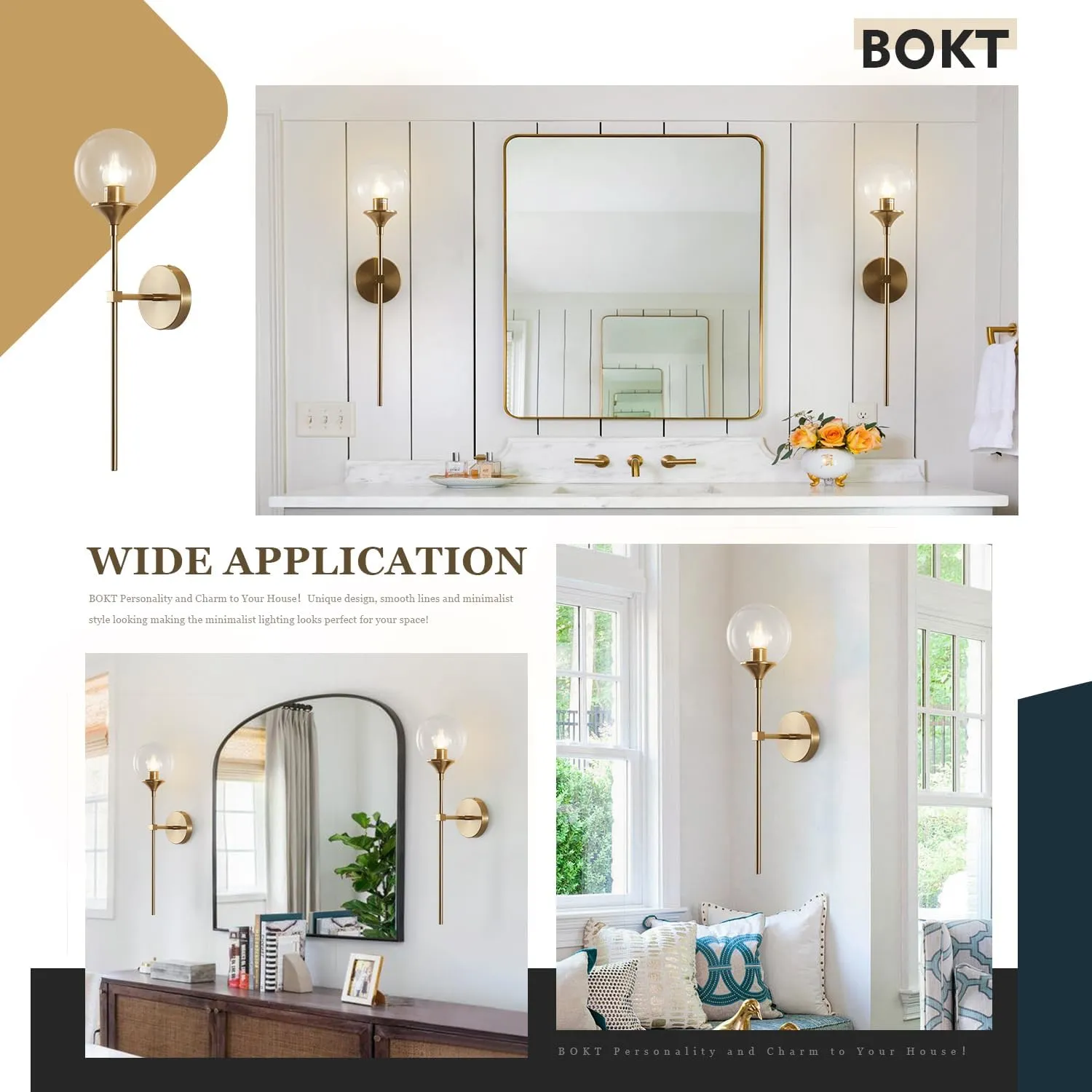 BOKT Glass Globe Wall Sconce Mid Century Modern Glod Wall Light Fixture Bedroom Bedside Bathroom Lighting Brushed Brass Long Pole Nordic Living Room Background Wall Lamp (Clear)