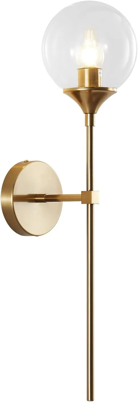 BOKT Glass Globe Wall Sconce Mid Century Modern Glod Wall Light Fixture Bedroom Bedside Bathroom Lighting Brushed Brass Long Pole Nordic Living Room Background Wall Lamp (Clear)