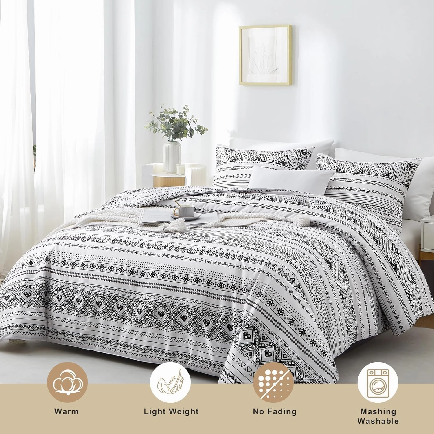 BOLINLIVING Comforter Set Full Size, Boho Bed in a Bag 3 Pieces, Soft Bohomian Comforter Set, Lightweight Breathable for All Seasons,1 Comforter & 2 Pillowcases (Grey 79×90 inch)