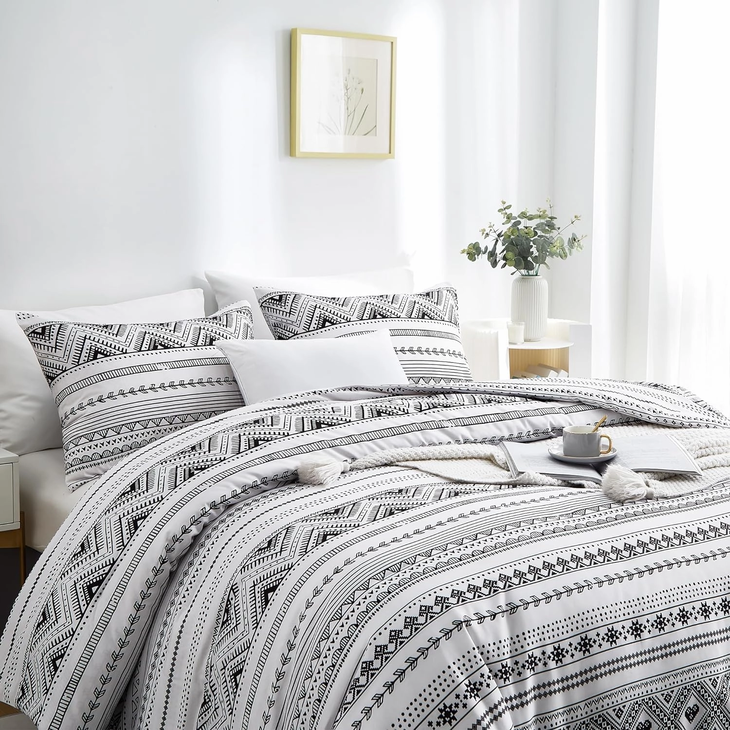 BOLINLIVING Comforter Set Full Size, Boho Bed in a Bag 3 Pieces, Soft Bohomian Comforter Set, Lightweight Breathable for All Seasons,1 Comforter & 2 Pillowcases (Grey 79×90 inch)
