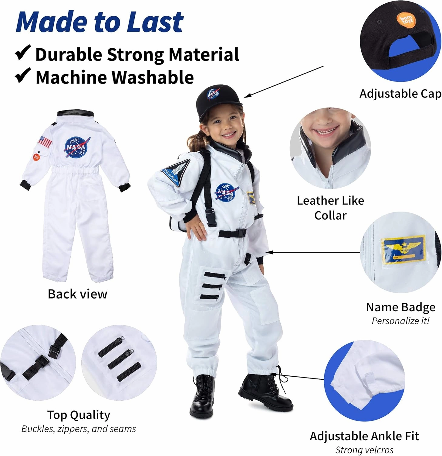 Born Toys Pretend Play Costumes for Kids Ages 3-7, Washable Toddler Dress Up Clothes for Play (Astronaut)