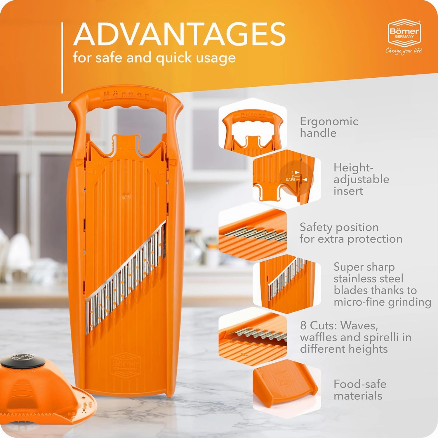 BORNER Wave waffle PowerLine with fruit holder | Vegetable Grater Börner - Quality Made in Germany, Color:Orange