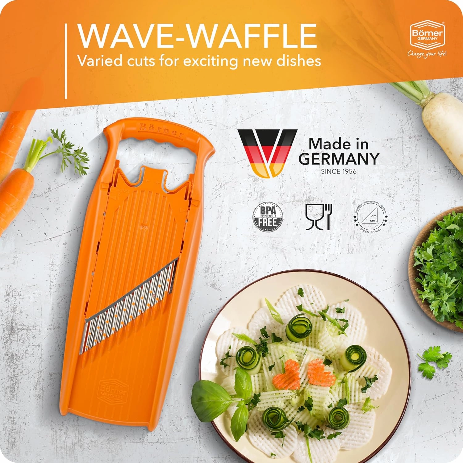 BORNER Wave waffle PowerLine with fruit holder | Vegetable Grater Börner - Quality Made in Germany, Color:Orange