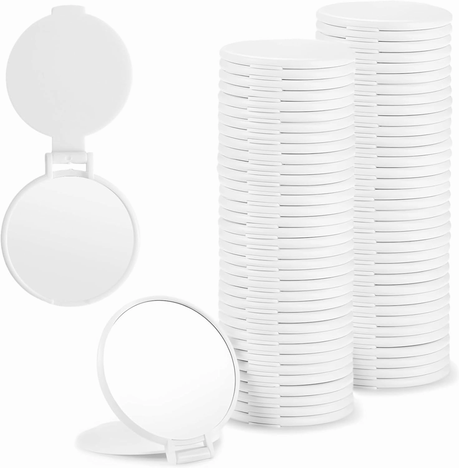Bosreroy 72 Pcs Travel-Friendly Plastic Round Makeup Mirrors, Compact with White Case