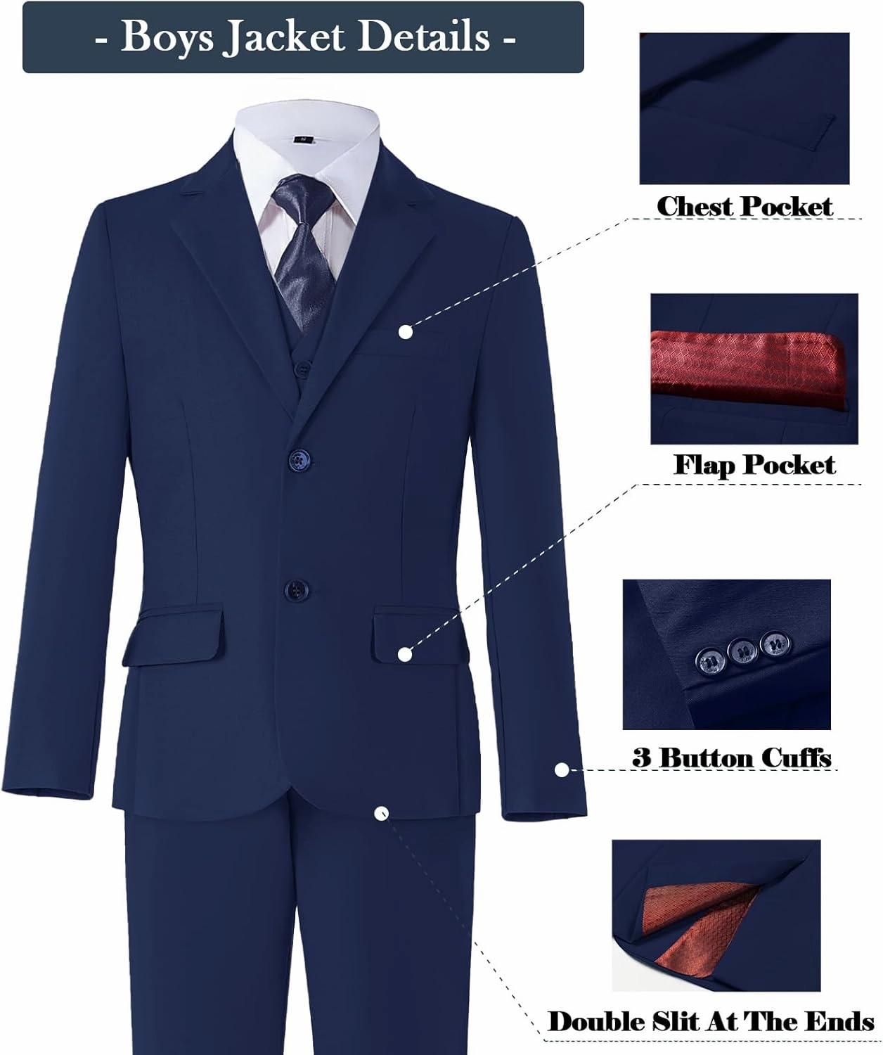 Boys Formal Suit Set with Dress Shirt Tie and Pocket Square, Adjustable Waist