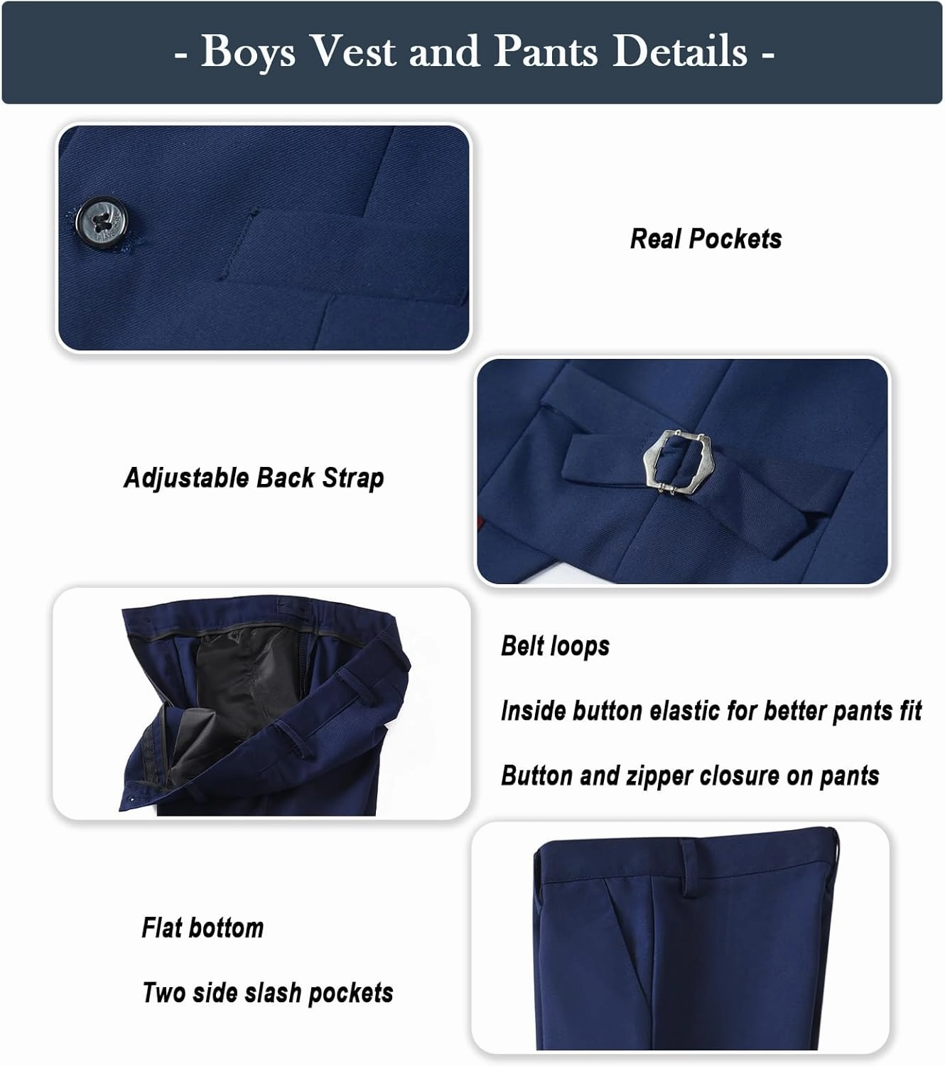 Boys Formal Suit Set with Dress Shirt Tie and Pocket Square, Adjustable Waist