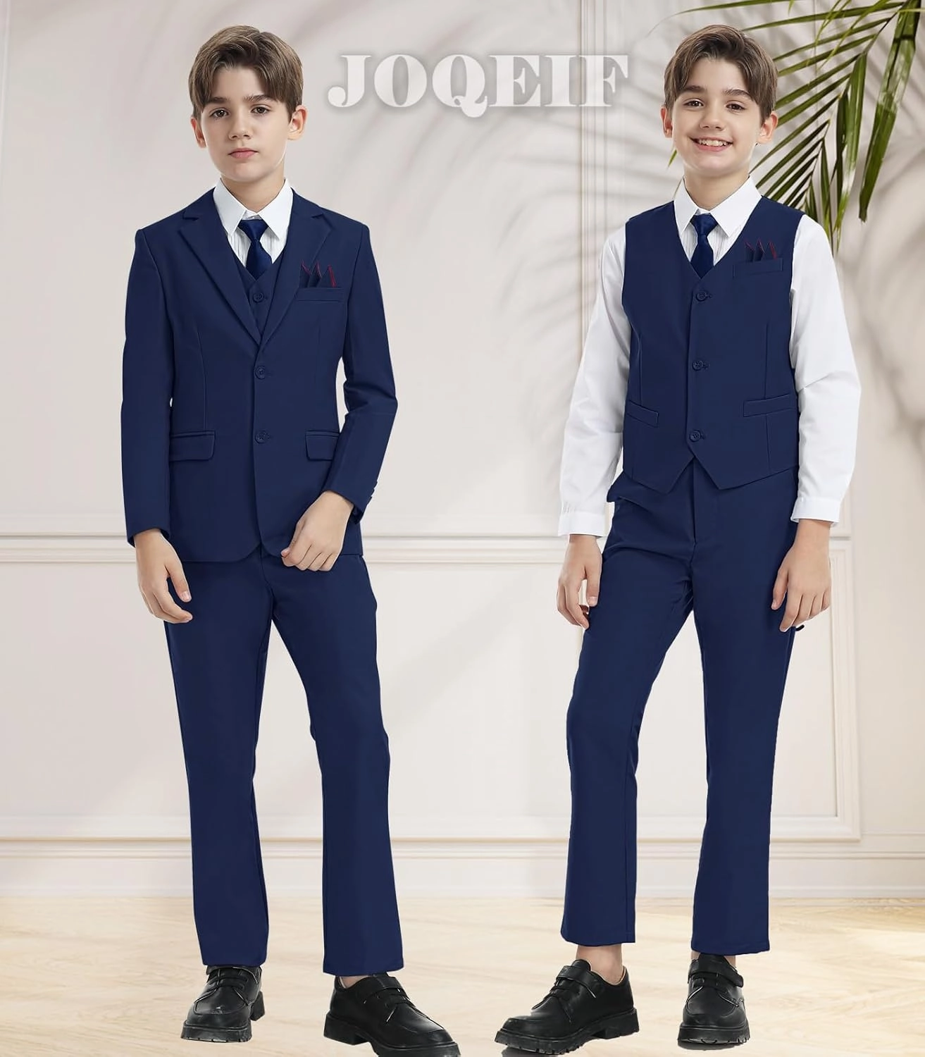 Boys Formal Suit Set with Dress Shirt Tie and Pocket Square, Adjustable Waist