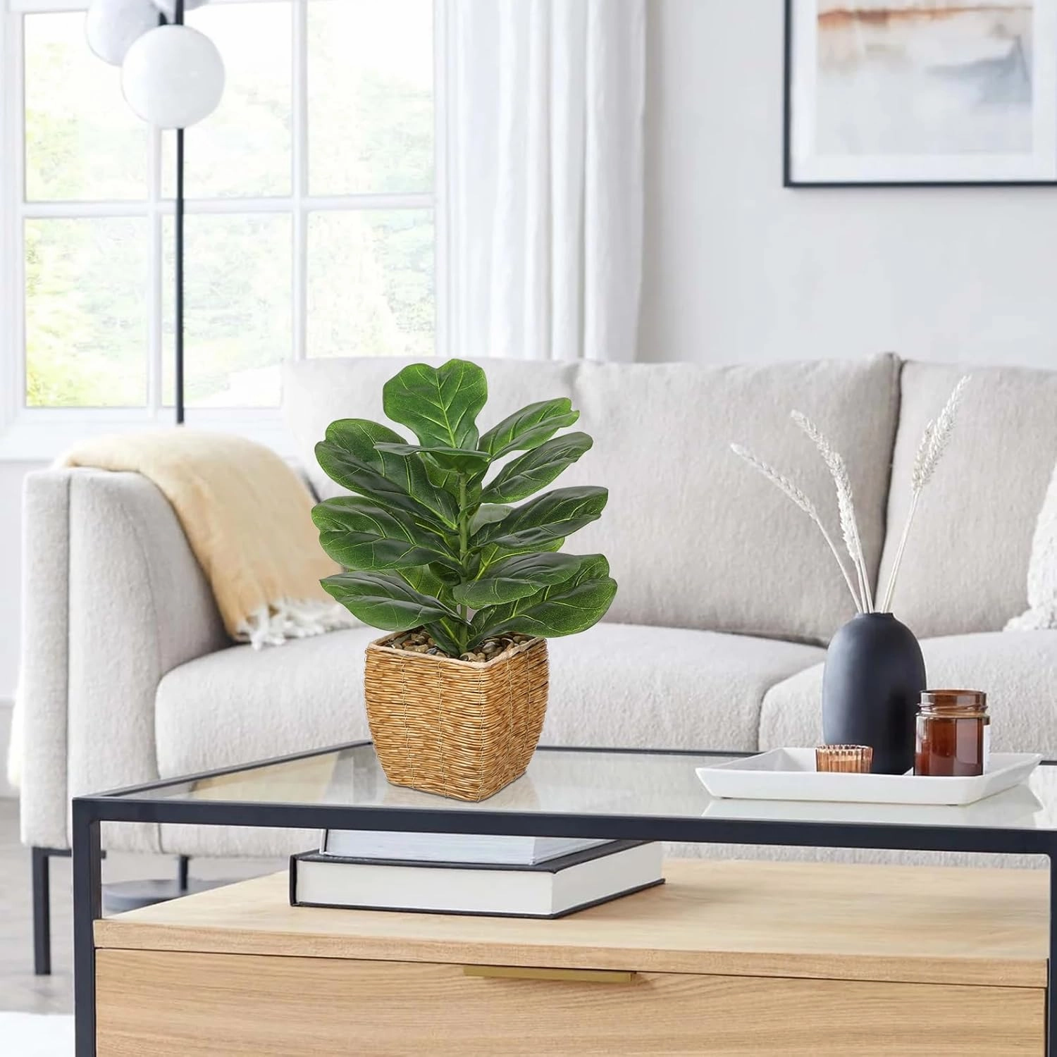 Briful Fake Plants Potted Fiddle Leaf Fig Artificial Plants Indoor Realistic Greenery Faux Plants in Square Plastic Rattan Baskets for Home Decor Farmhouse Office Weddings