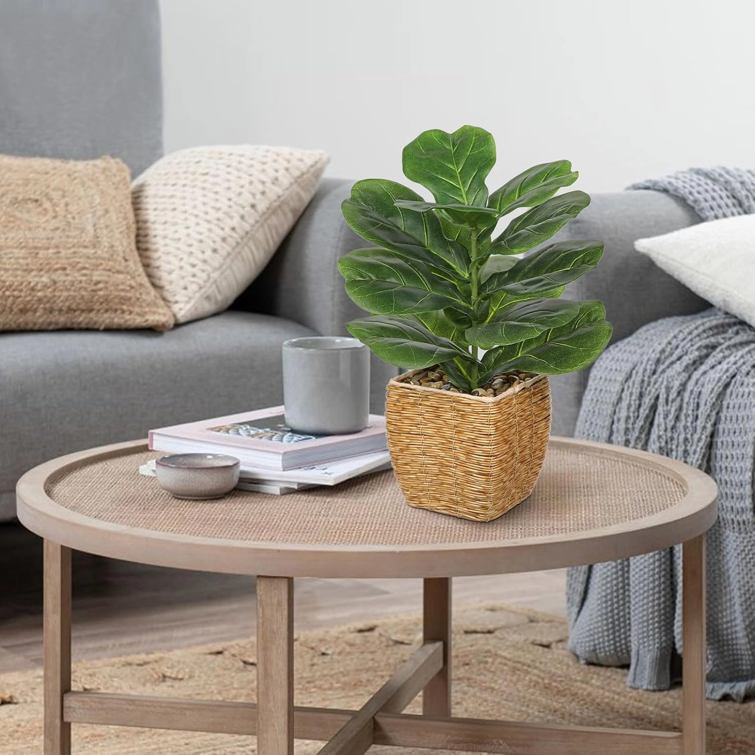Briful Fake Plants Potted Fiddle Leaf Fig Artificial Plants Indoor Realistic Greenery Faux Plants in Square Plastic Rattan Baskets for Home Decor Farmhouse Office Weddings