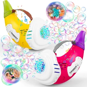 Bubble Machine for Kids Toddlers 2 Pack - Horn Design Bubble Maker Blower Toys, Portable, Automatic/Blowing Mode, Rechargeable, Music Function, Summer Outdoor Wedding Party Birthday Gifts