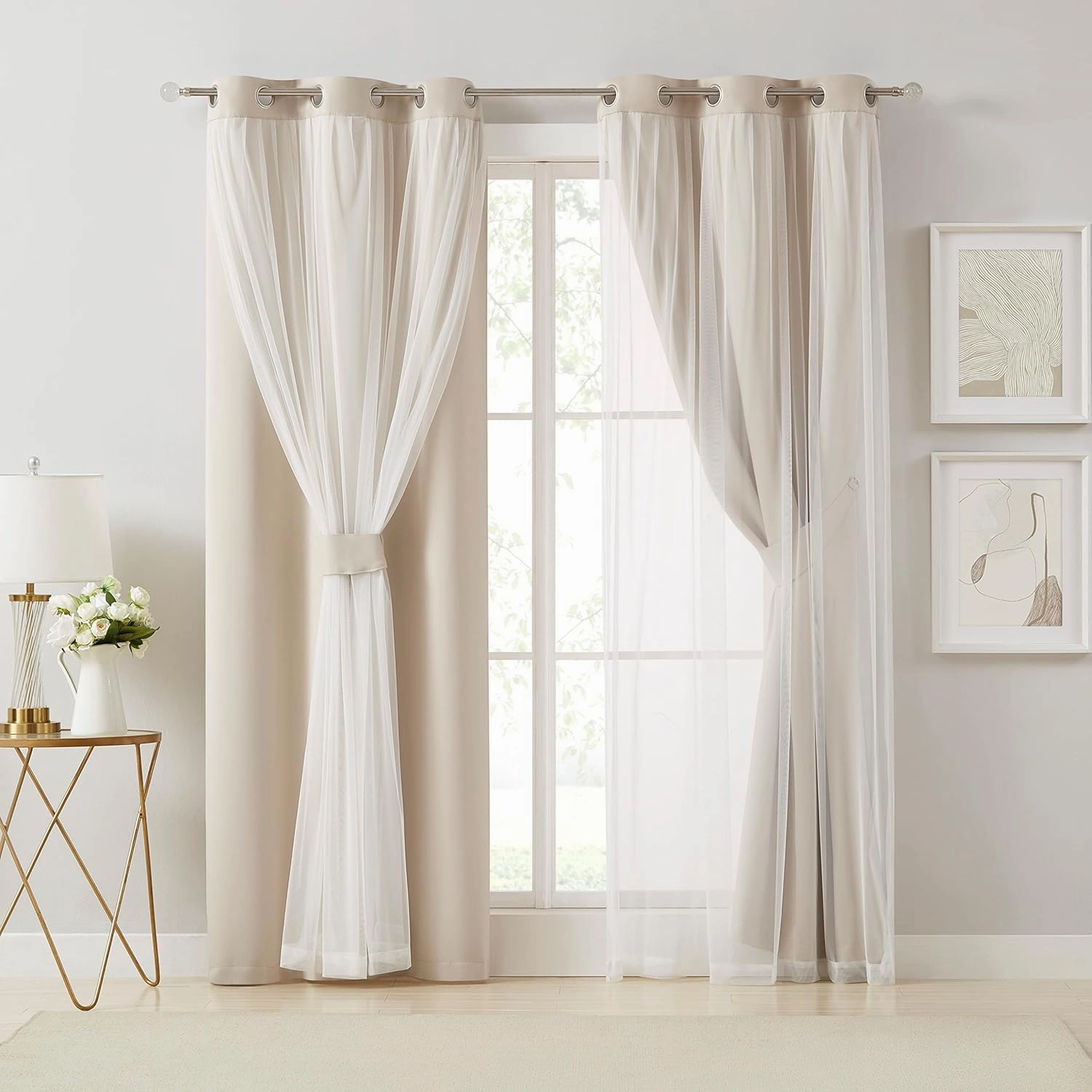 Bujasso Beige 80% Blackout Curtains with Sheer Overlay Mix and Match Double Layer Thermal Insulated Window Panels 84 inch for Living Room Bedroom Beige Drapes with Tiebacks Grommet Top 54" Wx84 Lx2
