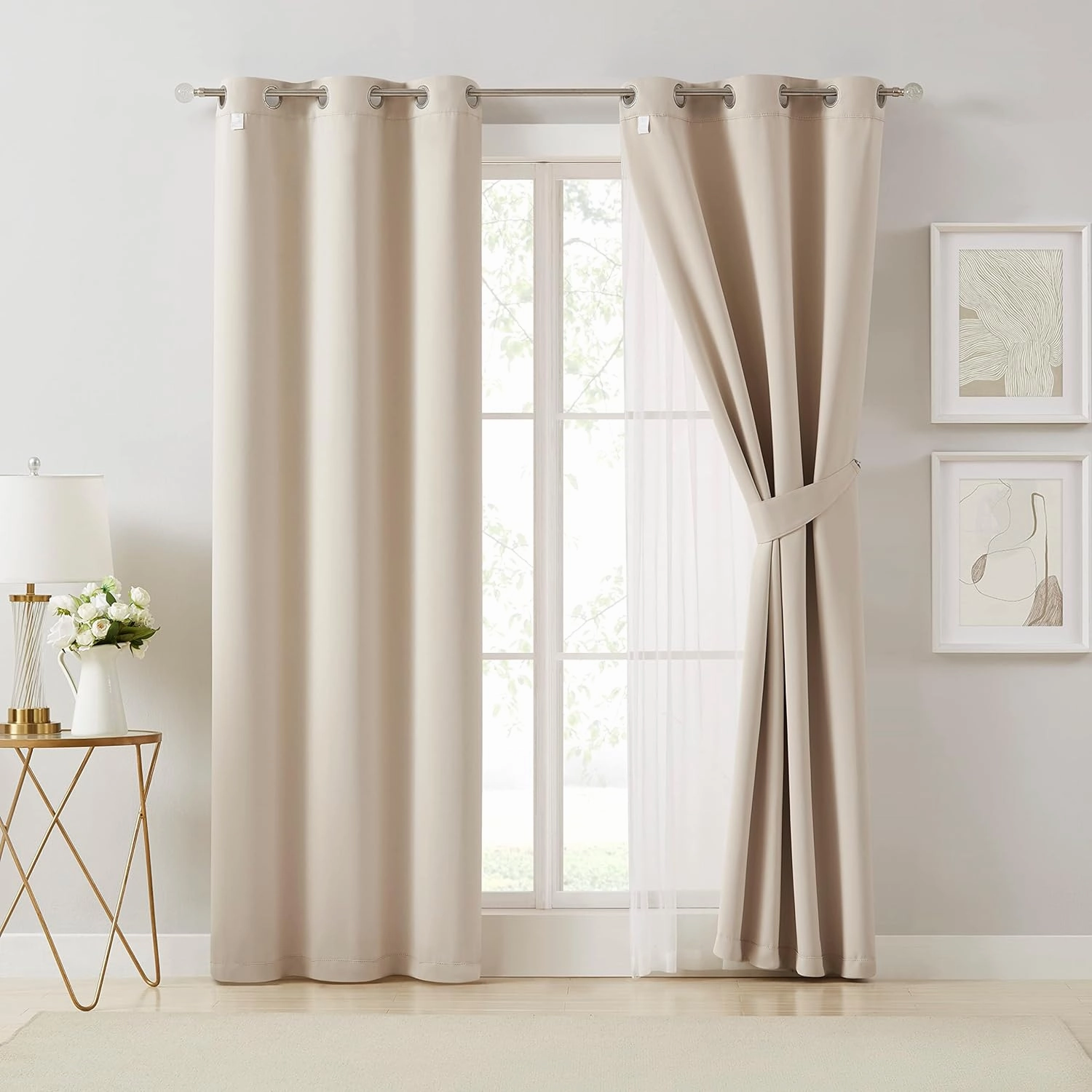 Bujasso Beige 80% Blackout Curtains with Sheer Overlay Mix and Match Double Layer Thermal Insulated Window Panels 84 inch for Living Room Bedroom Beige Drapes with Tiebacks Grommet Top 54" Wx84 Lx2