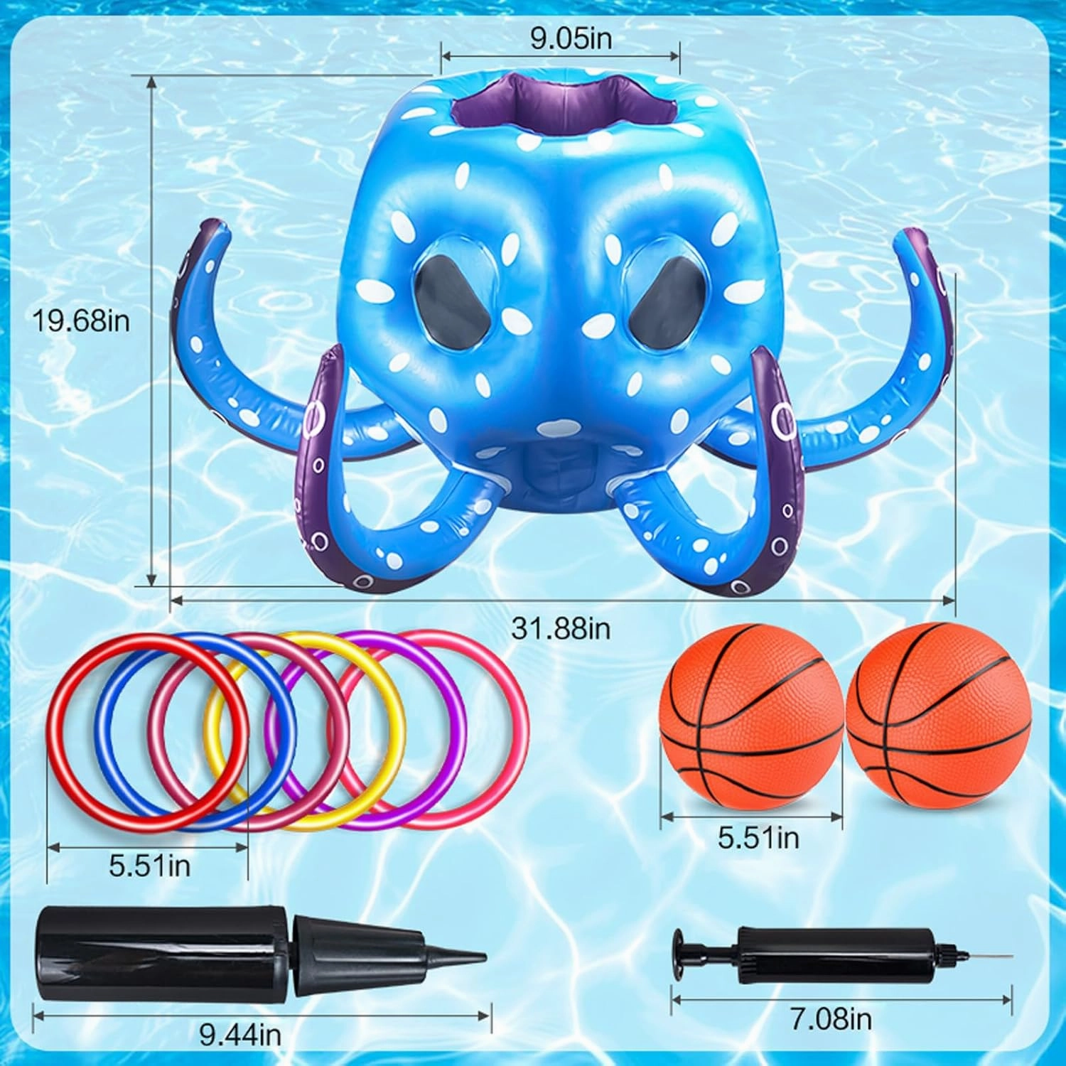 BULINGNA Kids Octopus Pool Toys, Inflatable Pool Basketball Hoop & Ring Toss Outdoor Games, Cool Summer Water Toys Birthday Gift for 3-8T Girls Boys & Adult (Blue, One Size)