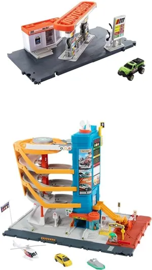 Bundle of Matchbox Action Drivers Fuel Station & 1:64 Scale Toy Truck, Car-Activated Features   Transportation Center with 5 Levels, Kid& Car-Activated Features, 1:64 Scale Taxi, Boat & Helicopter