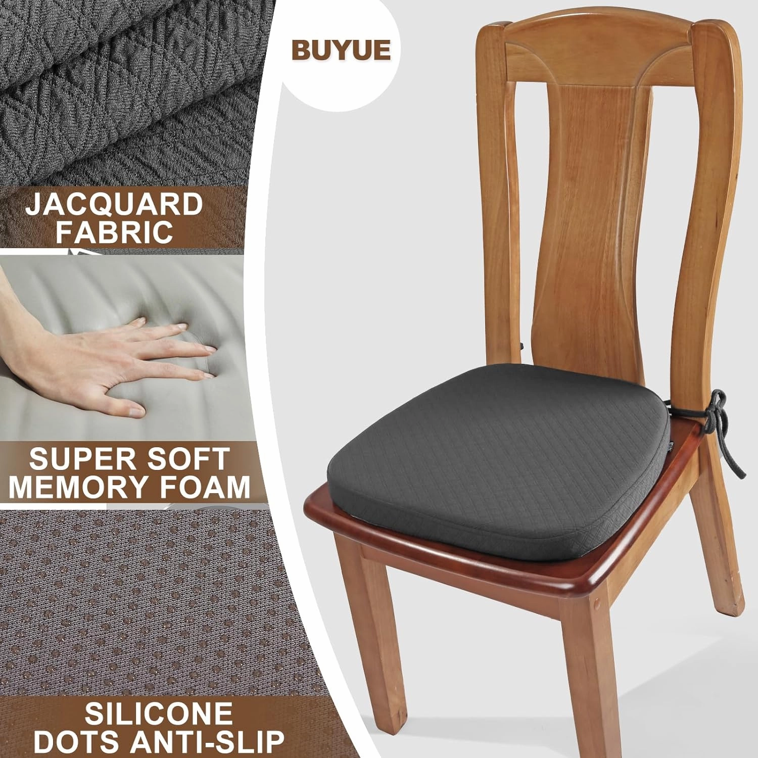 BUYUE Luxury 100% Pure Memory Foam Chair Cushion 1 Pack, Jacquard 16" U-Shape Comfortable Dining Chair Pad, Removable Slip Resistant Kitchen Chair Seat Cushion, (1 Piece, Grey)